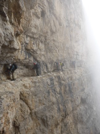 The first ledge on the Centrali as the mist swirls around.